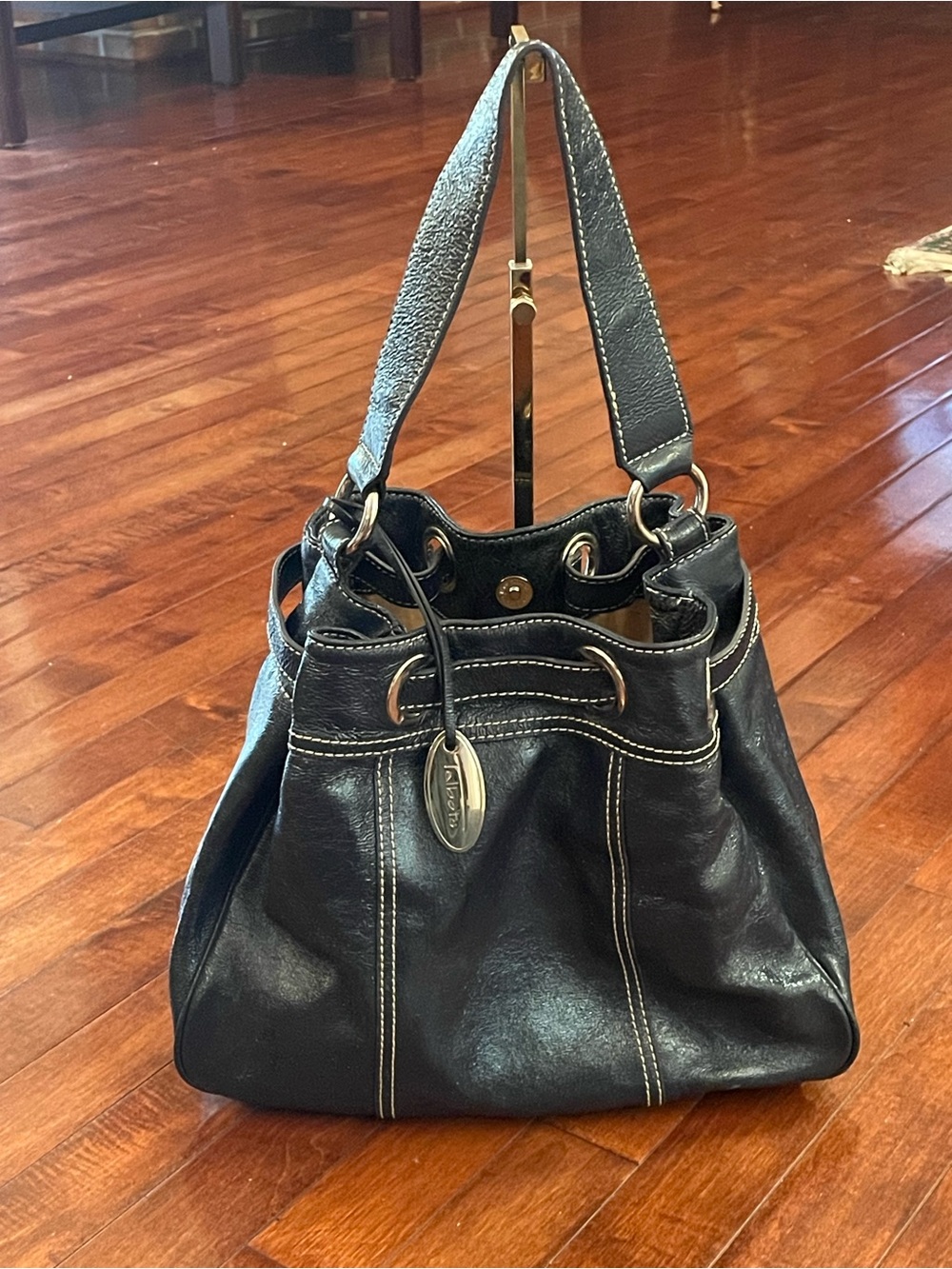Vintage Talbots Navy Patent Bucket Bag W/ Silver Hardware